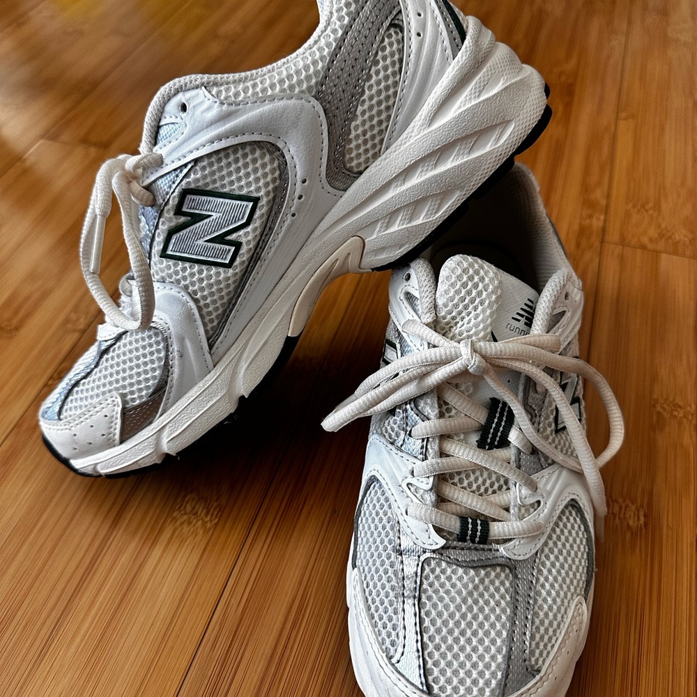 New Balance White and Green Running Shoes